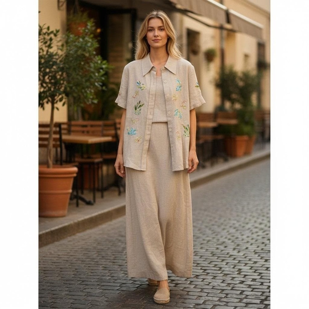 Vtg Sarah Spencer Maxi Dress Set Womens 6 Beige Linen Embroidered Fish 2pc Shirt